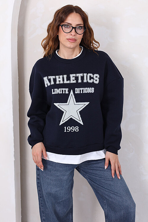 Yıldız Baskılı İki Parça Görünümlü Lacivert Kadın Sweatshirt - 6