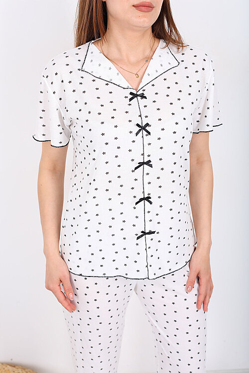 Yıldız Desenli Fiyonklu Beyaz Kadın Pijama Takımı - 2
