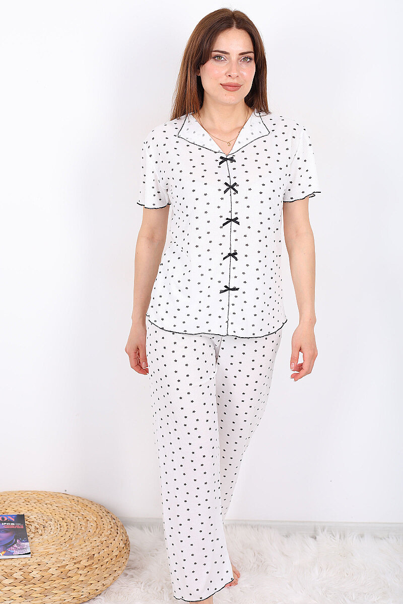 Yıldız Desenli Fiyonklu Beyaz Kadın Pijama Takımı - 3