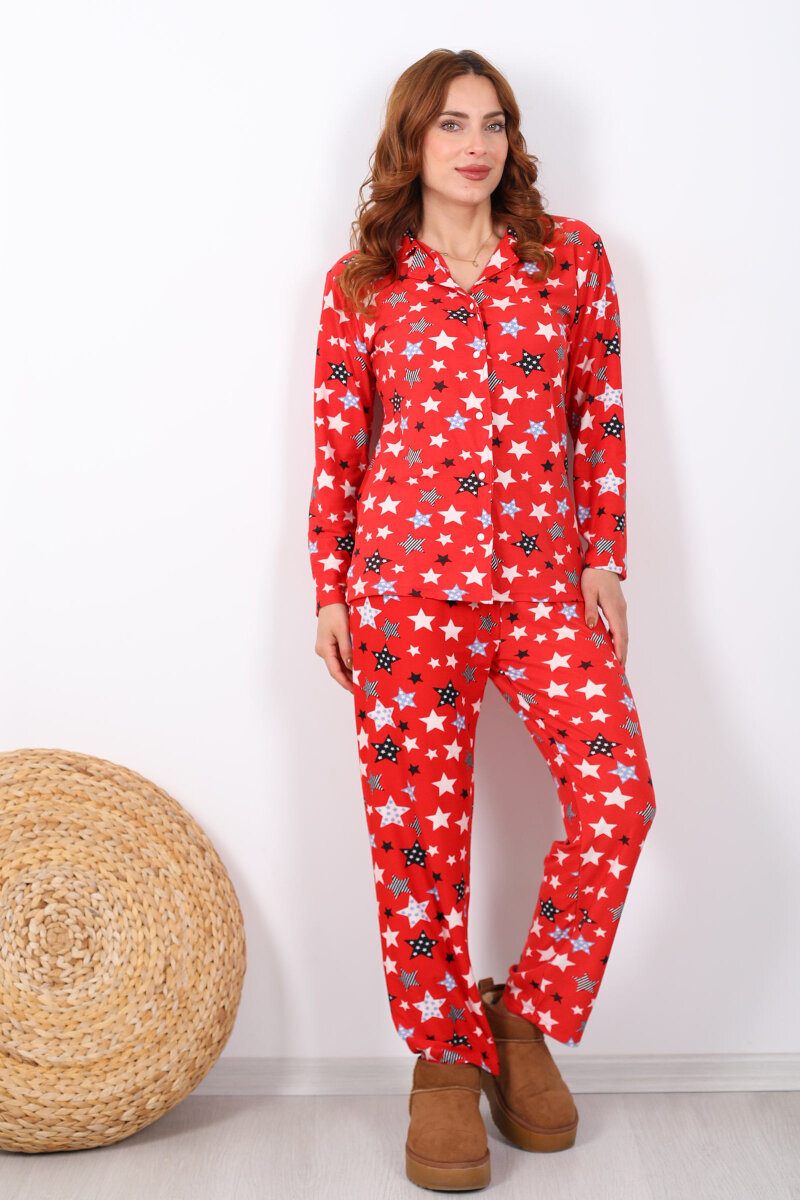 Yıldız Desenli Kırmızı Kadın Yumoş Pijama Takım - 4