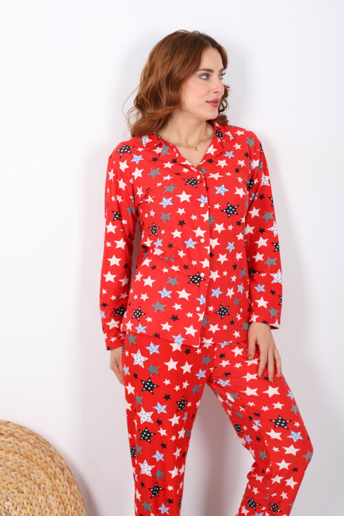 Yıldız Desenli Kırmızı Kadın Yumoş Pijama Takım - 5