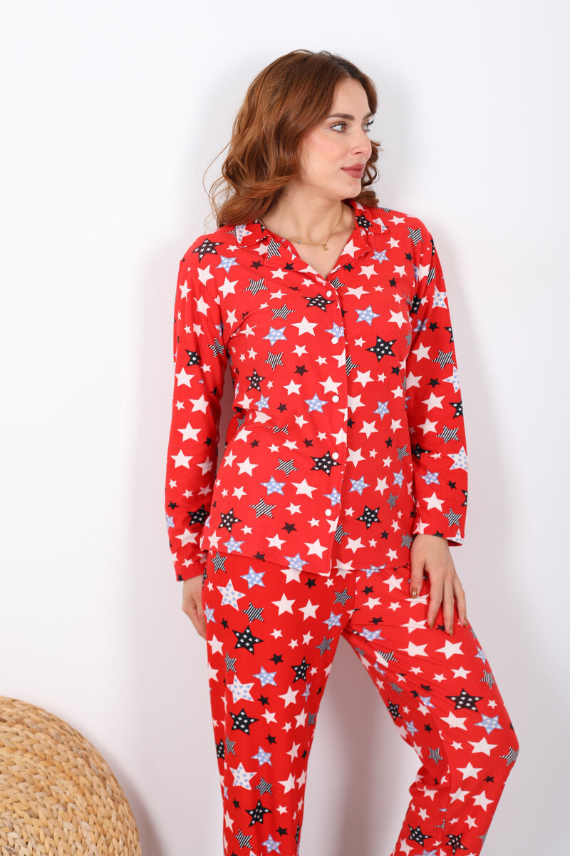 Yıldız Desenli Kırmızı Kadın Yumoş Pijama Takım - 5