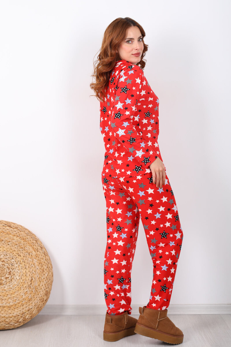 Yıldız Desenli Kırmızı Kadın Yumoş Pijama Takım - 2