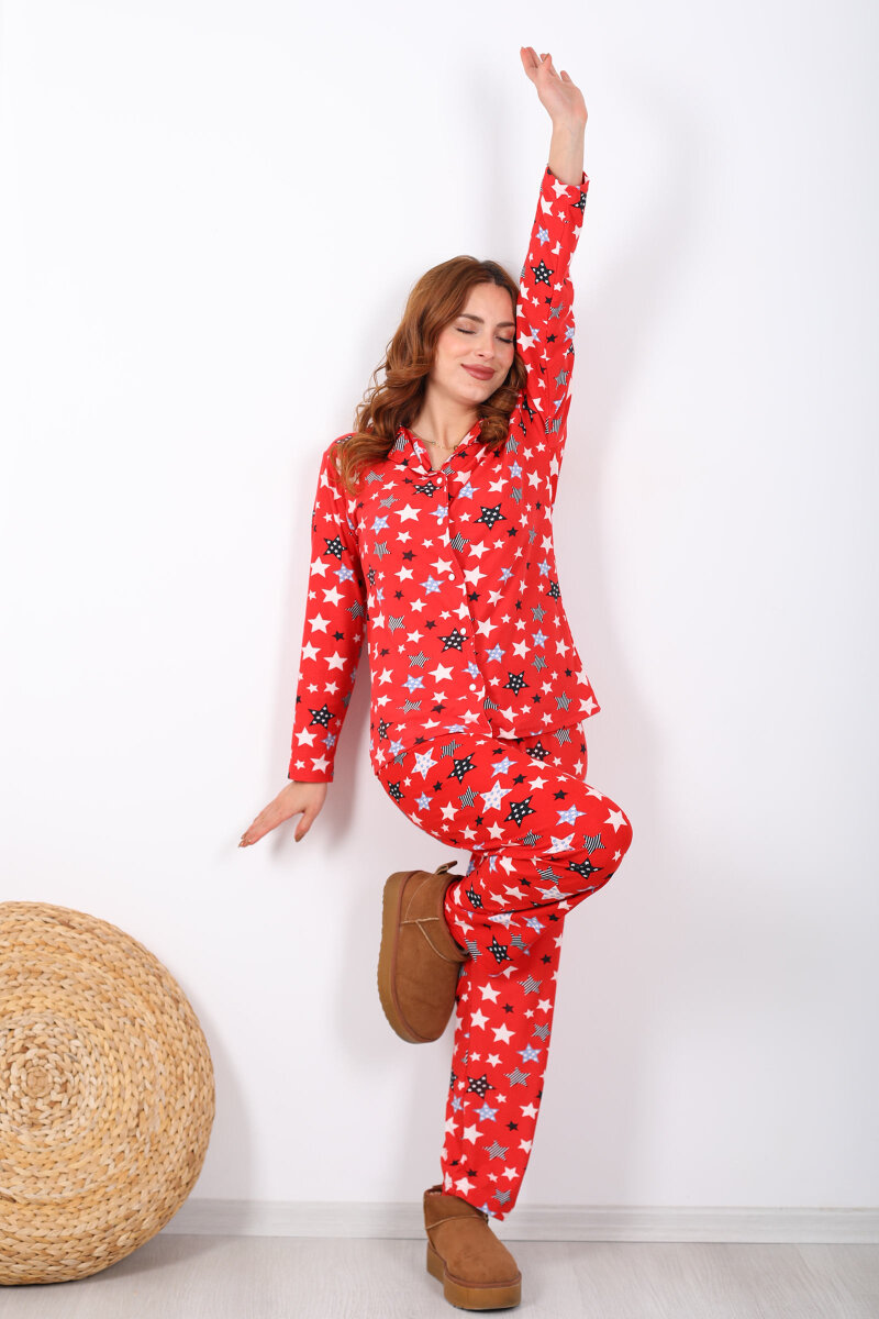 Yıldız Desenli Kırmızı Kadın Yumoş Pijama Takım - 1
