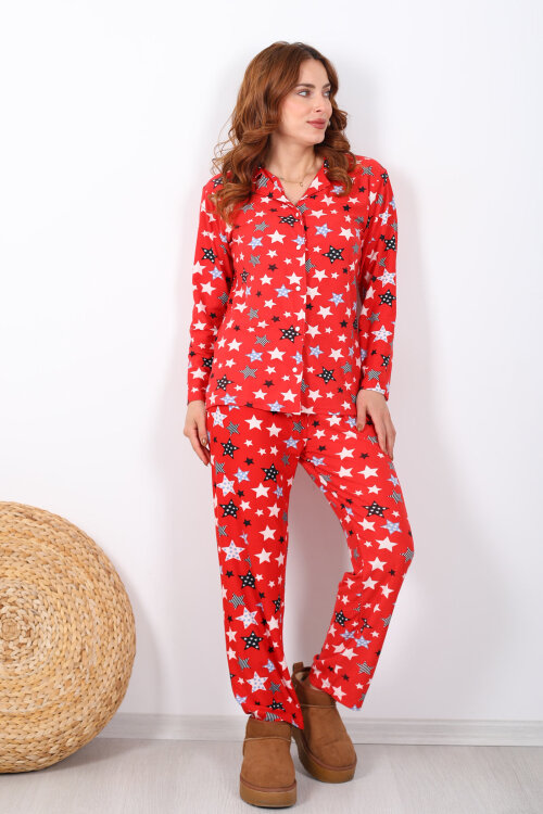 Yıldız Desenli Kırmızı Kadın Yumoş Pijama Takım - 6