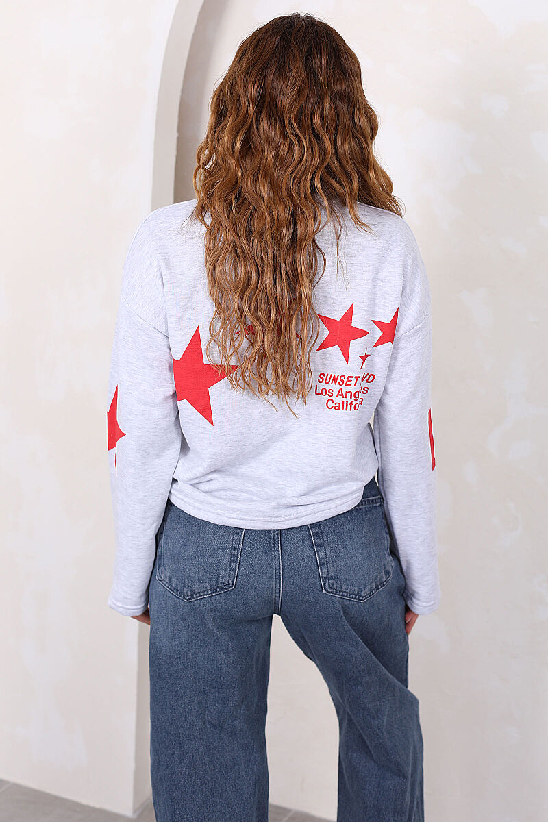 Yıldız Ve Yazı Baskılı Kadın Gri Bisiklet Yaka Sweatshirt - 2
