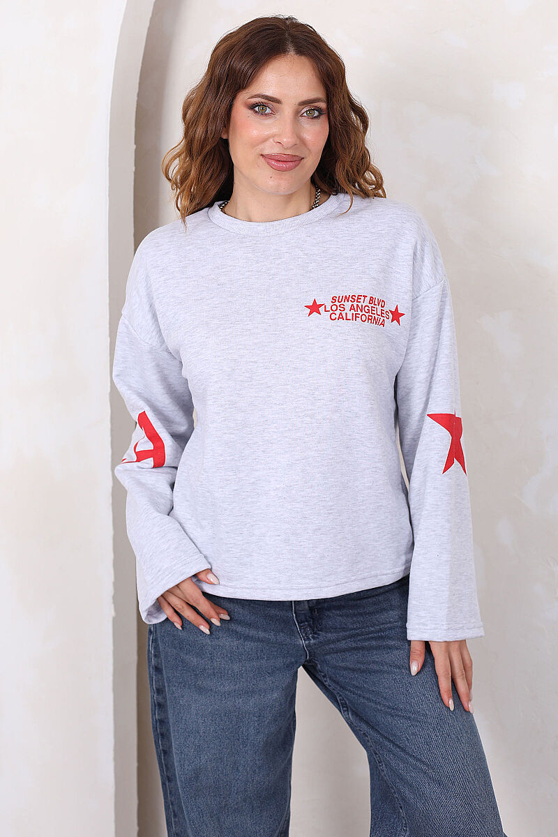 Yıldız Ve Yazı Baskılı Kadın Gri Bisiklet Yaka Sweatshirt - 4