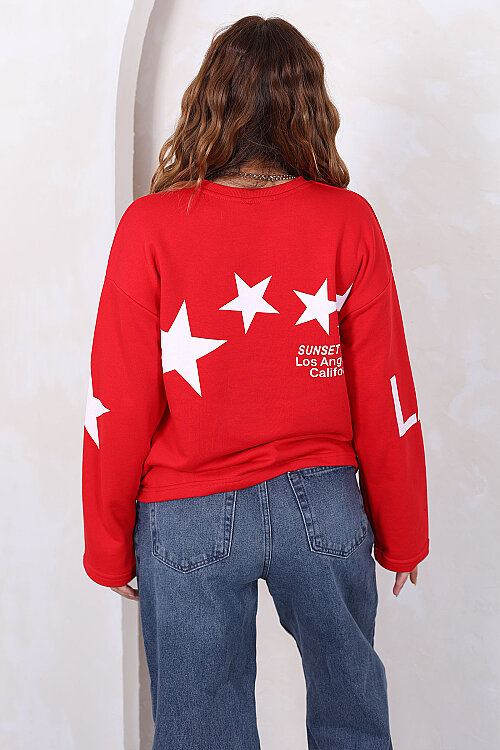Yıldız Ve Yazı Baskılı Kadın Kırmızı Bisiklet Yaka Sweatshirt - Berox (1)