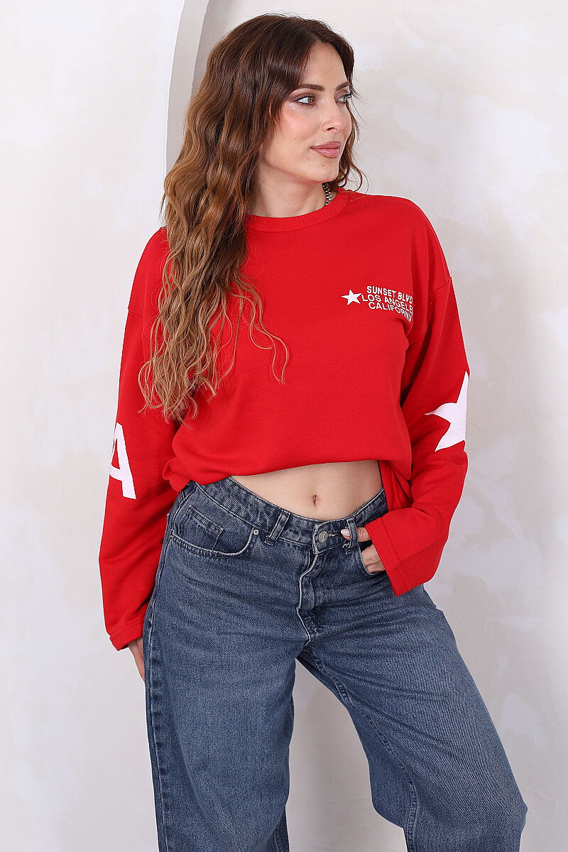 Yıldız Ve Yazı Baskılı Kadın Kırmızı Bisiklet Yaka Sweatshirt - 5