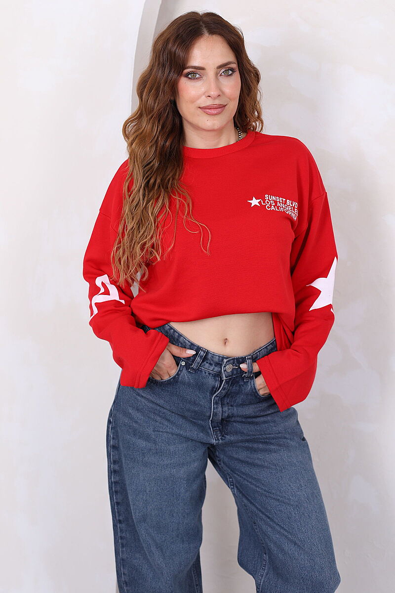 Yıldız Ve Yazı Baskılı Kadın Kırmızı Bisiklet Yaka Sweatshirt - 1