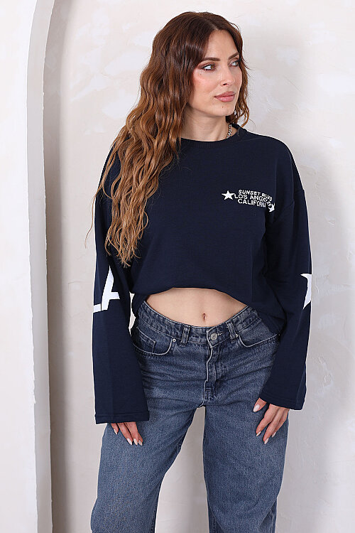 Yıldız Ve Yazı Baskılı Kadın Lacivert Bisiklet Yaka Sweatshirt - 6