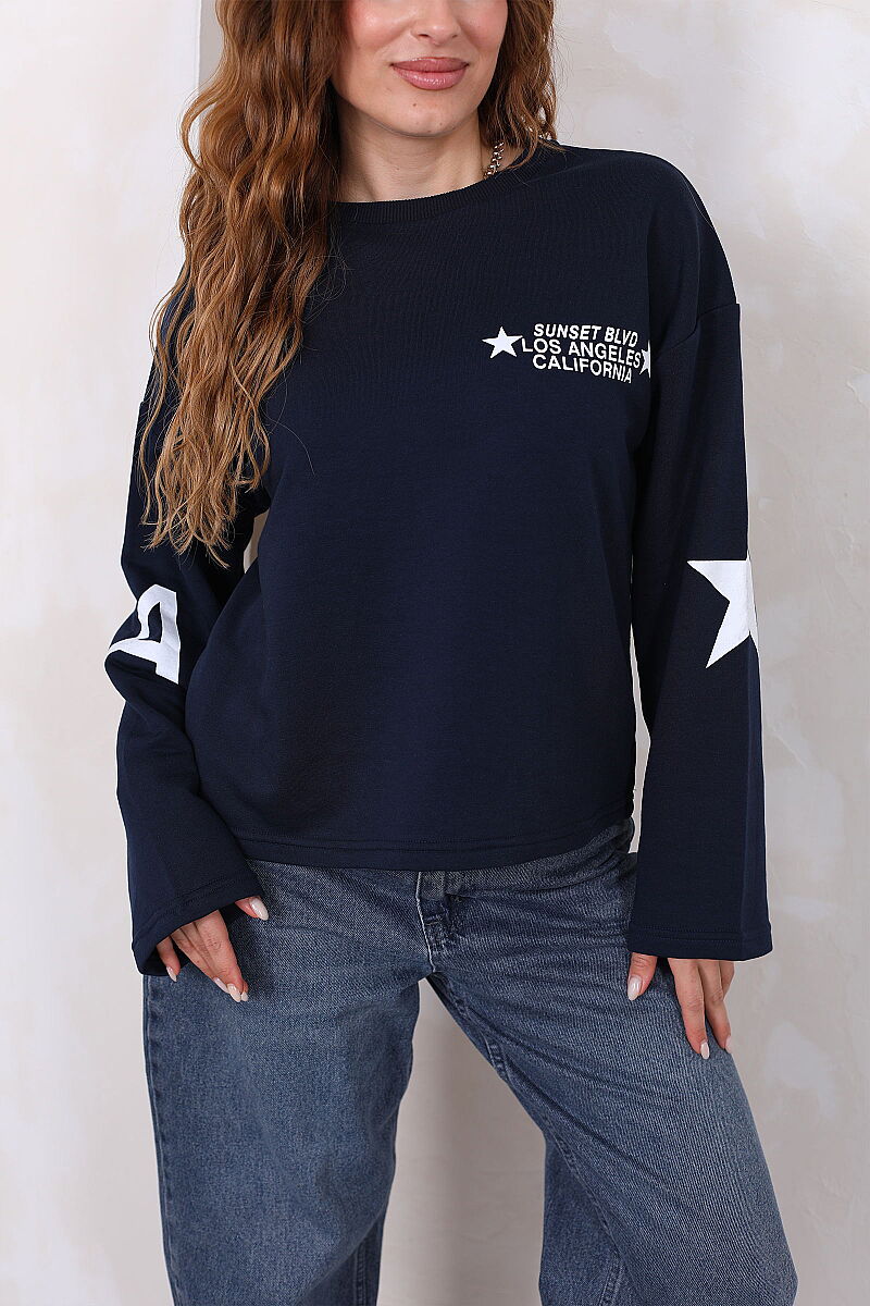 Yıldız Ve Yazı Baskılı Kadın Lacivert Bisiklet Yaka Sweatshirt - 2