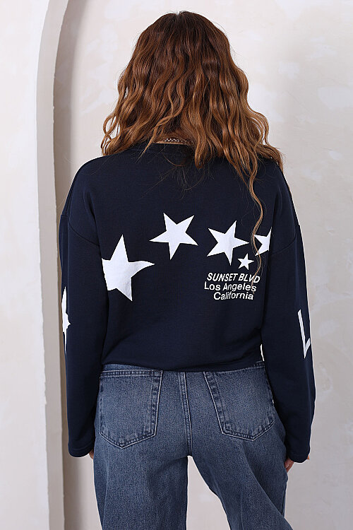 Yıldız Ve Yazı Baskılı Kadın Lacivert Bisiklet Yaka Sweatshirt - 4