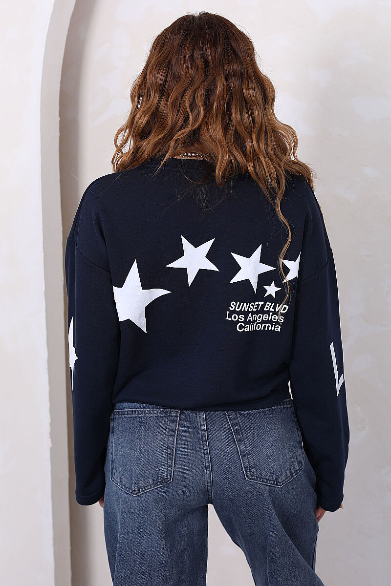 Yıldız Ve Yazı Baskılı Kadın Lacivert Bisiklet Yaka Sweatshirt - 4