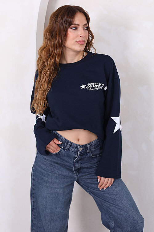Yıldız Ve Yazı Baskılı Kadın Lacivert Bisiklet Yaka Sweatshirt - 5