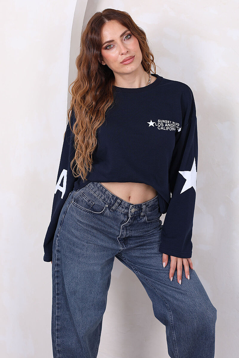 Yıldız Ve Yazı Baskılı Kadın Lacivert Bisiklet Yaka Sweatshirt - 3