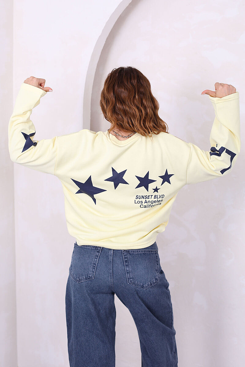 Yıldız Ve Yazı Baskılı Kadın Sarı Bisiklet Yaka Sweatshirt - 2