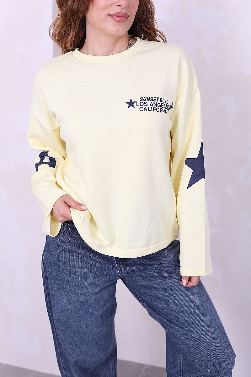 Yıldız Ve Yazı Baskılı Kadın Sarı Bisiklet Yaka Sweatshirt - 5