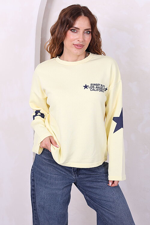 Yıldız Ve Yazı Baskılı Kadın Sarı Bisiklet Yaka Sweatshirt - 3