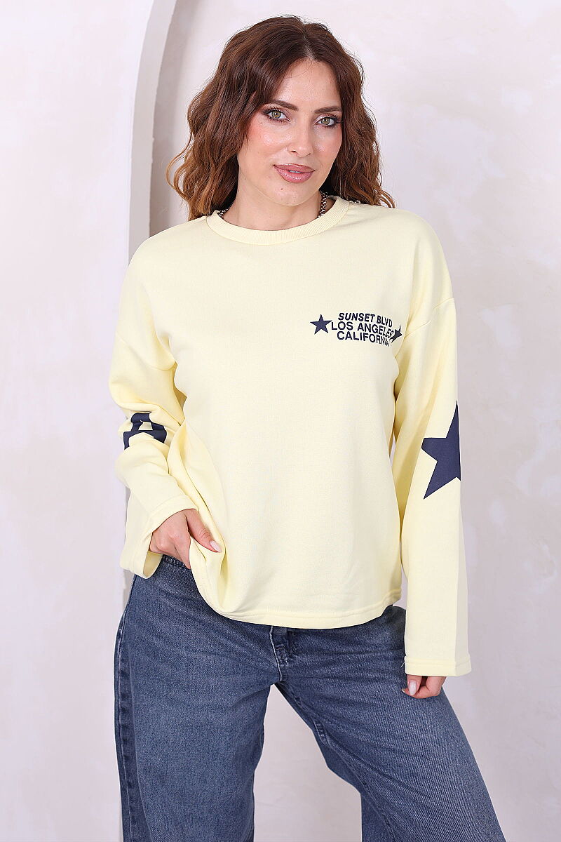 Yıldız Ve Yazı Baskılı Kadın Sarı Bisiklet Yaka Sweatshirt - 3