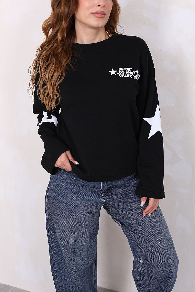 Yıldız Ve Yazı Baskılı Kadın Siyah Bisiklet Yaka Sweatshirt - 2