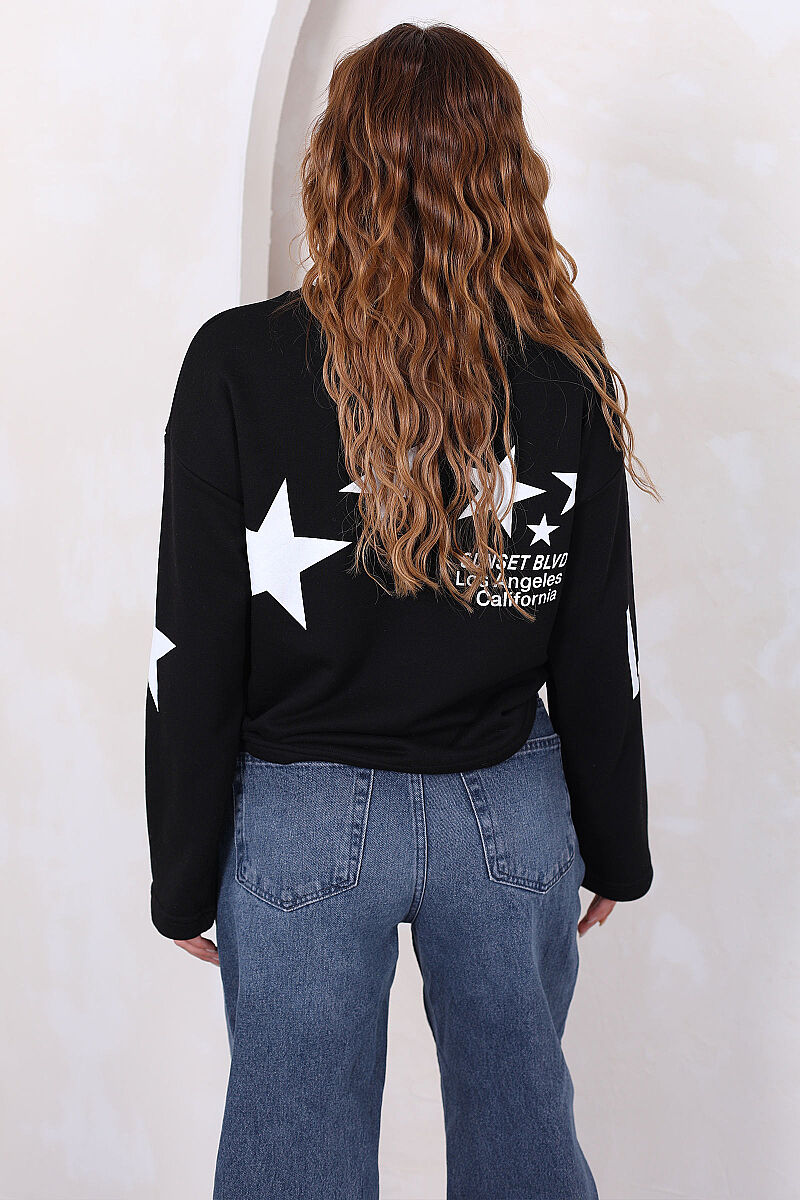 Yıldız Ve Yazı Baskılı Kadın Siyah Bisiklet Yaka Sweatshirt - 5
