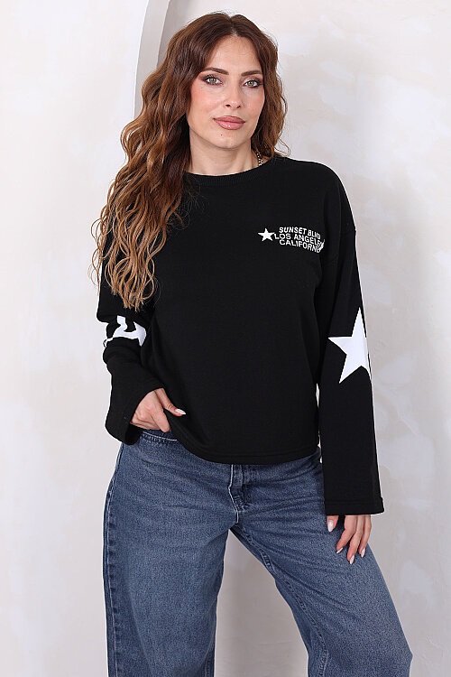 Yıldız Ve Yazı Baskılı Kadın Siyah Bisiklet Yaka Sweatshirt - 3