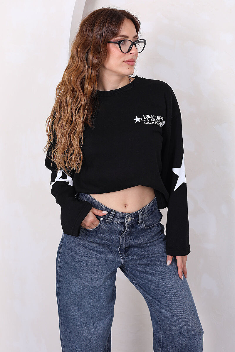 Yıldız Ve Yazı Baskılı Kadın Siyah Bisiklet Yaka Sweatshirt - 4