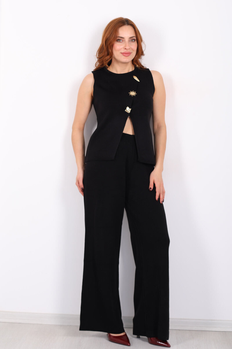 Yırtmaç Detaylı Aksesuarlı Kolsuz Kadın Siyah Triko Takım - 1