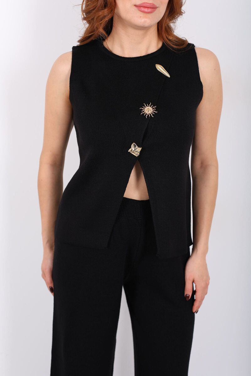 Yırtmaç Detaylı Aksesuarlı Kolsuz Kadın Siyah Triko Takım - 2