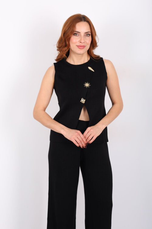 Yırtmaç Detaylı Aksesuarlı Kolsuz Kadın Siyah Triko Takım - 4