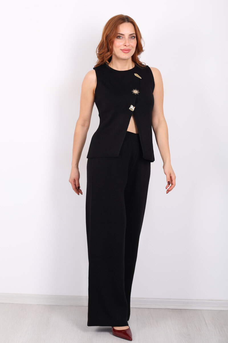 Yırtmaç Detaylı Aksesuarlı Kolsuz Kadın Siyah Triko Takım - 5