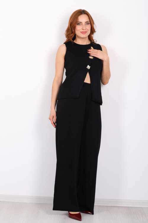 Yırtmaç Detaylı Aksesuarlı Kolsuz Kadın Siyah Triko Takım - 3