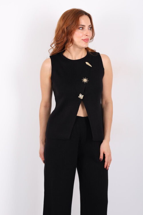 Yırtmaç Detaylı Aksesuarlı Kolsuz Kadın Siyah Triko Takım - 7