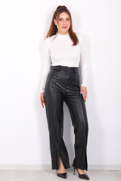 Yırtmaçlı Bol Paça Çimalı Siyah Kadın Deri Pantolon - 3