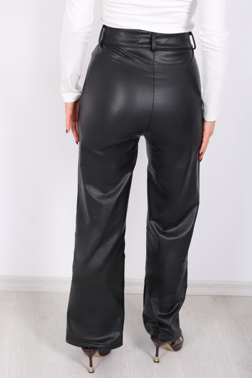 Yırtmaçlı Bol Paça Çimalı Siyah Kadın Deri Pantolon - 4