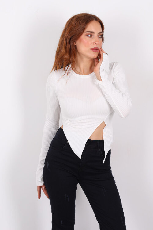 Yırtmaçlı İspanyol Kol Beyaz Kadın Bluz - 4