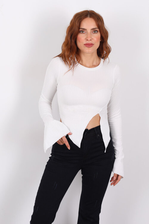 Yırtmaçlı İspanyol Kol Beyaz Kadın Bluz - Berox