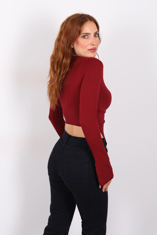 Yırtmaçlı İspanyol Kol Bordo Kadın Bluz - 4