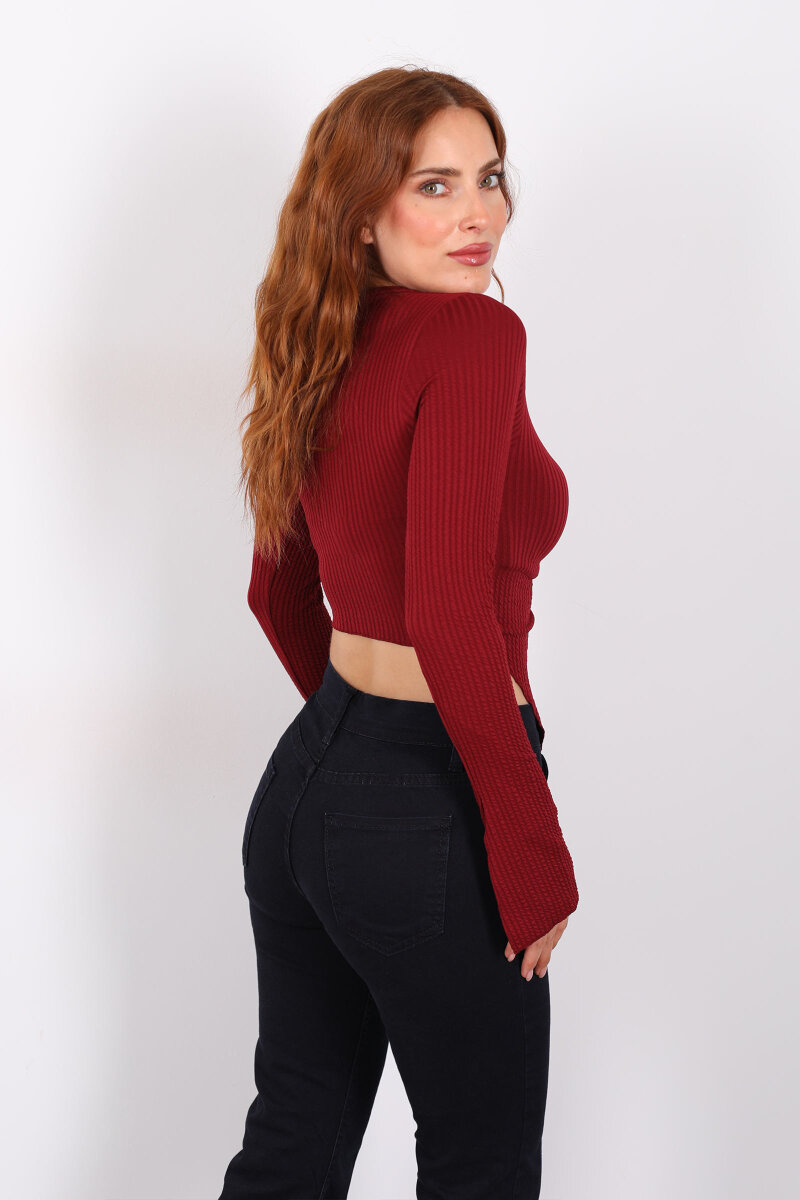 Yırtmaçlı İspanyol Kol Bordo Kadın Bluz - 4