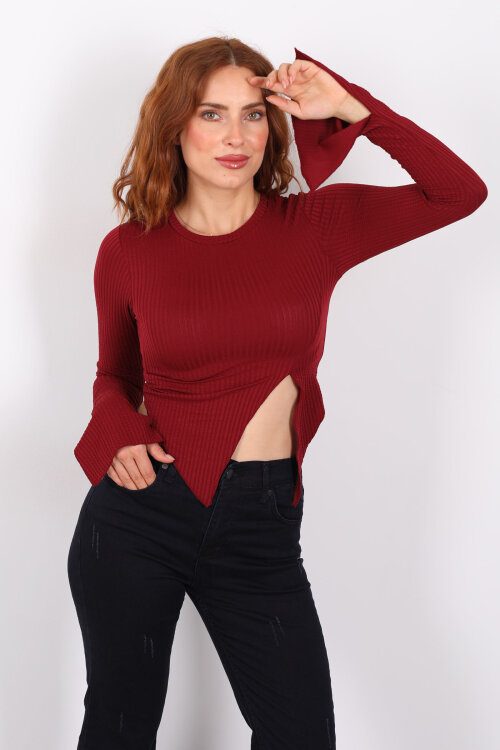 Yırtmaçlı İspanyol Kol Bordo Kadın Bluz - Berox