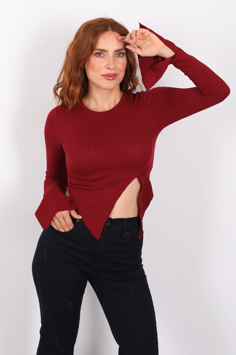 Yırtmaçlı İspanyol Kol Bordo Kadın Bluz - 1