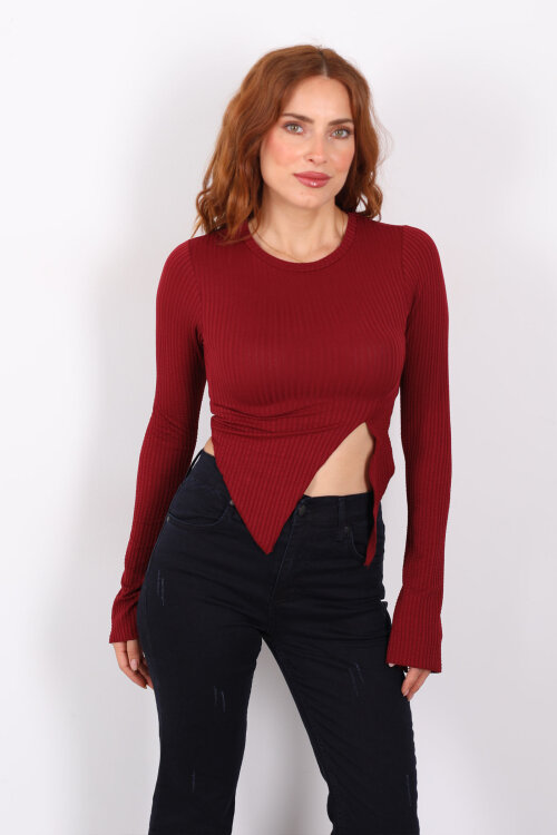 Yırtmaçlı İspanyol Kol Bordo Kadın Bluz - 5