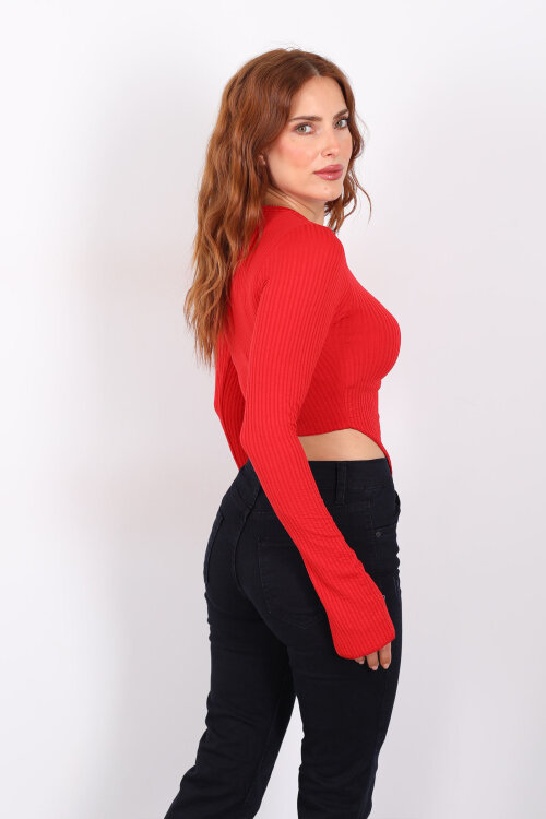 Yırtmaçlı İspanyol Kol Kırmızı Kadın Bluz - 5