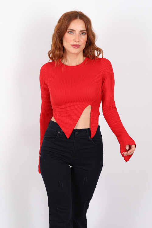 Yırtmaçlı İspanyol Kol Kırmızı Kadın Bluz - 3
