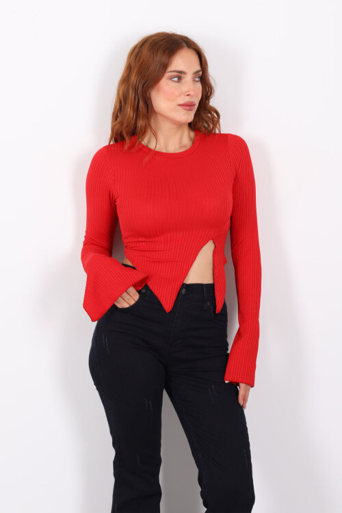 Yırtmaçlı İspanyol Kol Kırmızı Kadın Bluz - 4