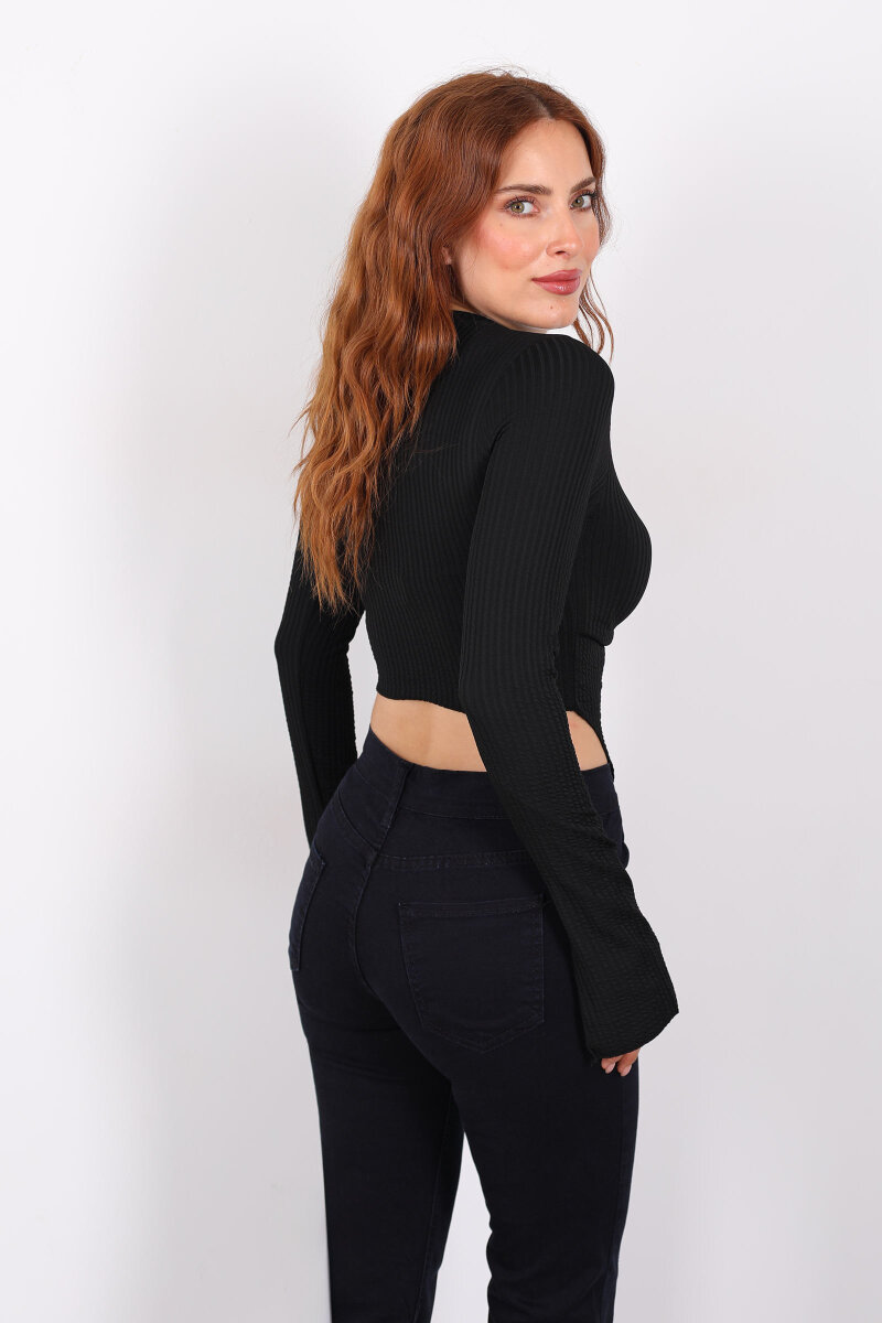 Yırtmaçlı İspanyol Kol Siyah Kadın Bluz - 4