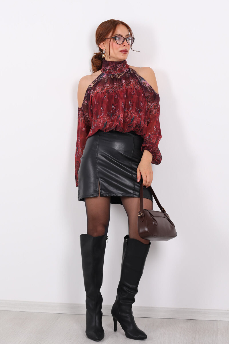 Yırtmaçlı Mini Siyah Kadın Deri Etek - 8