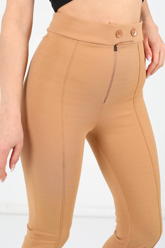 Yüksek Bel Çimalı İspanyol Paça Camel Kadın Pantolon - 2