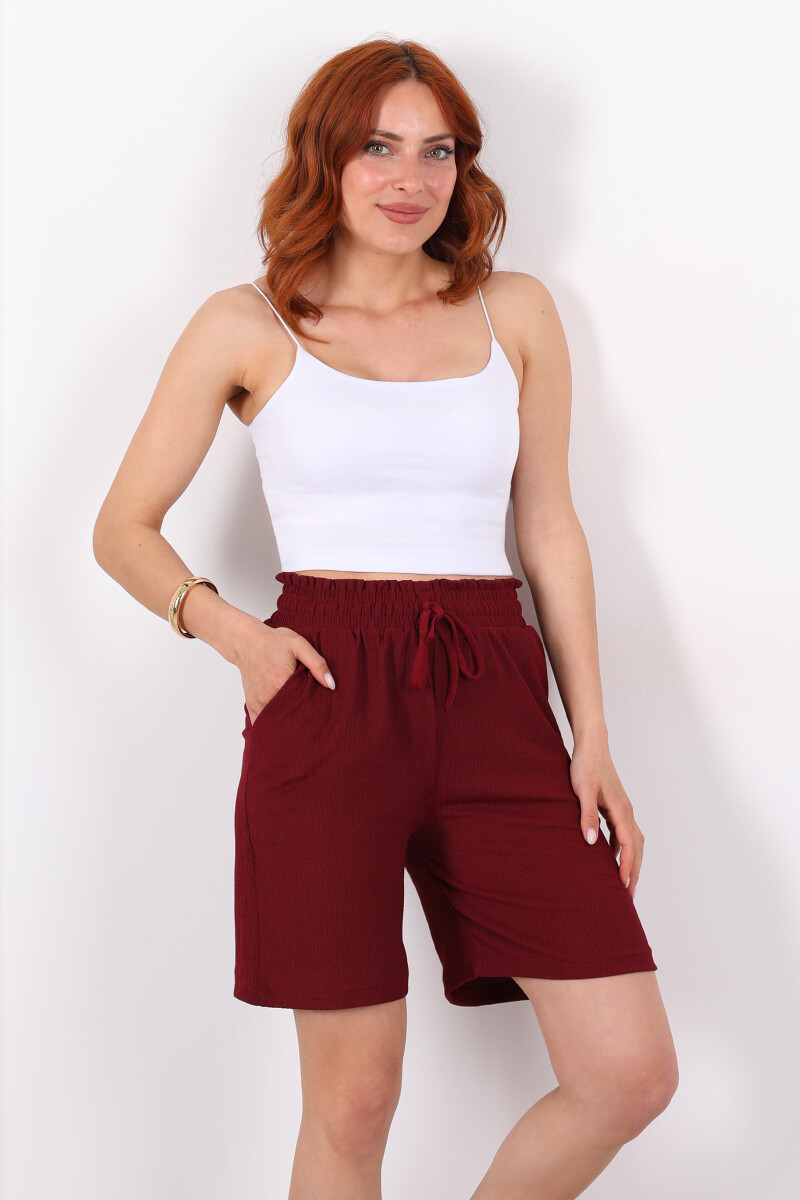 Beli Bağlamalı Yüksek Bel Bordo Kadın Krep Şort - 3